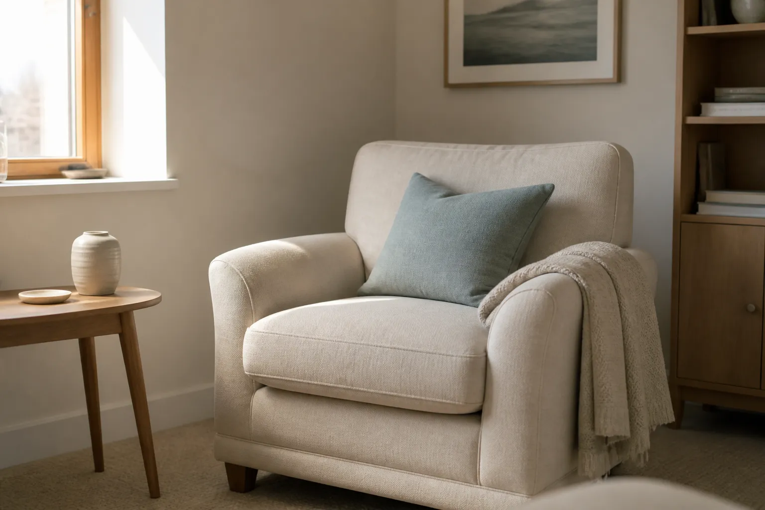A welcoming armchair in soft natural light — a calm space for counselling