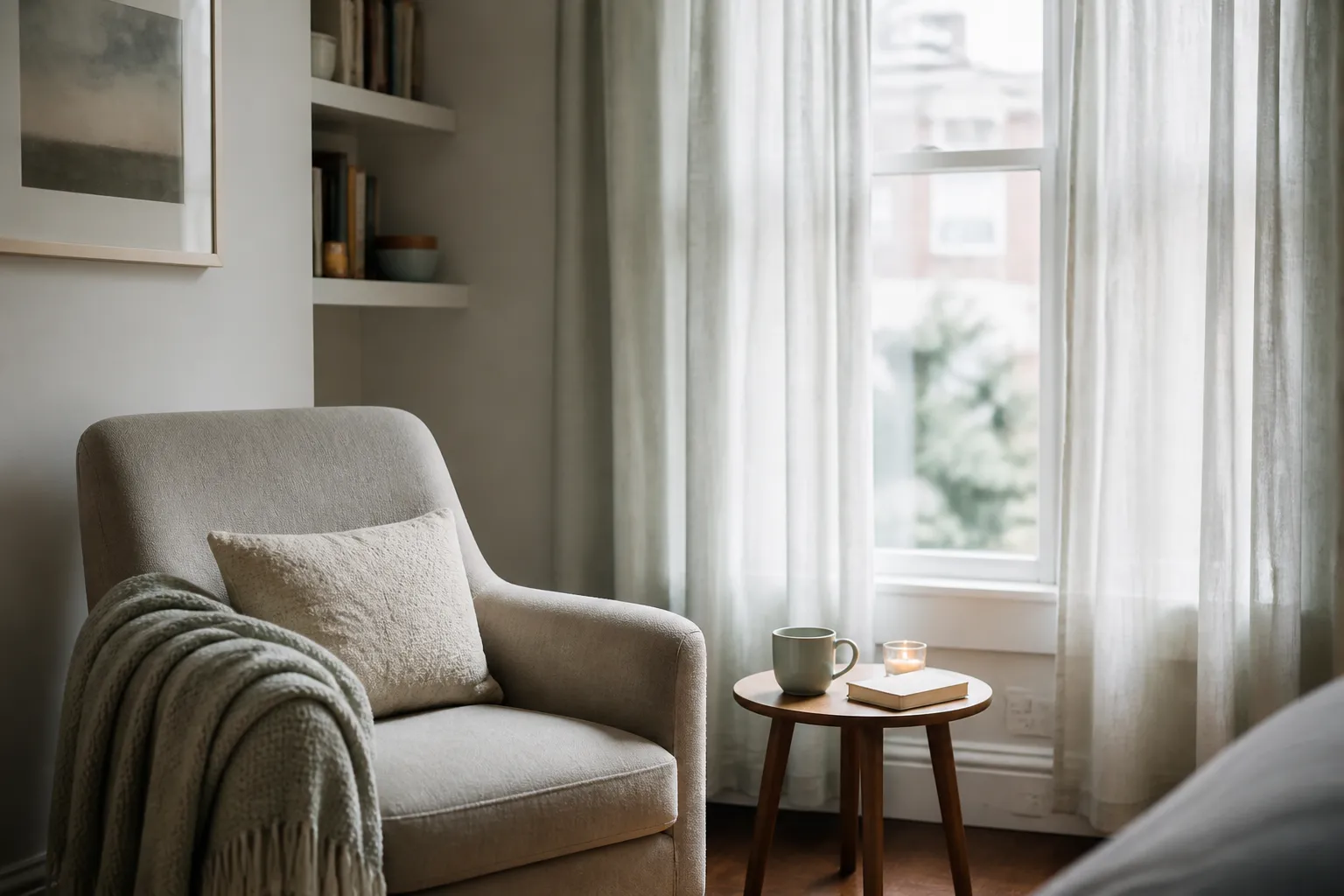 Soft daylight through a window beside a quiet chair at home — a private, comfortable space for online counselling