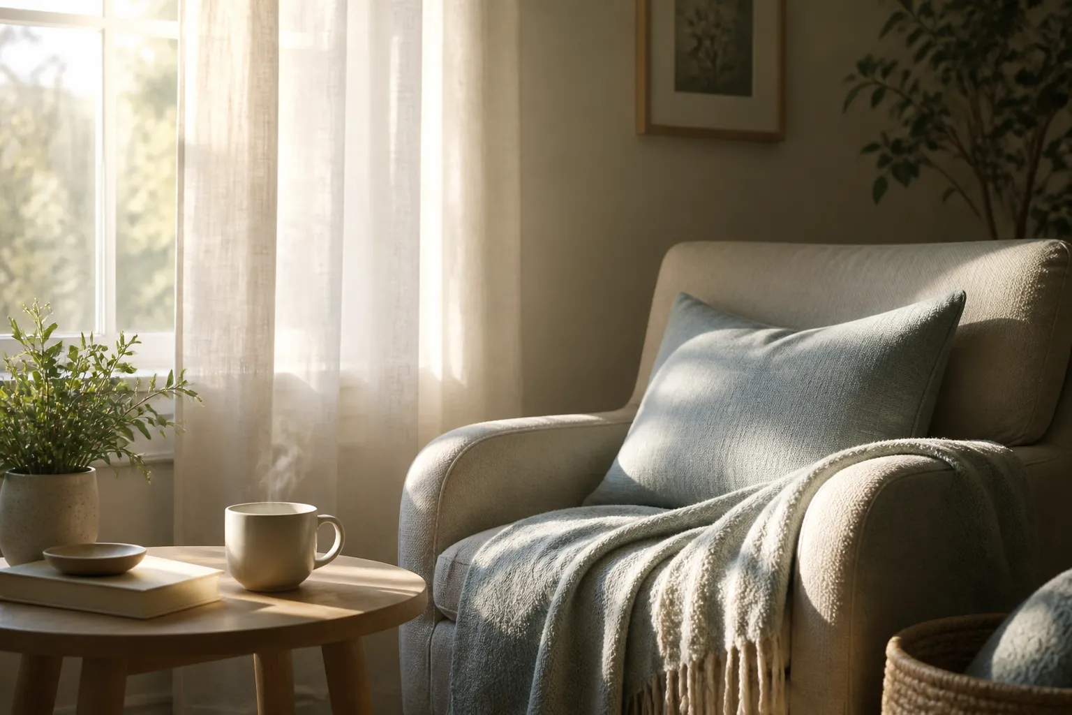 Warm light through a sheer curtain onto a quiet chair with a soft throw and a warm drink
